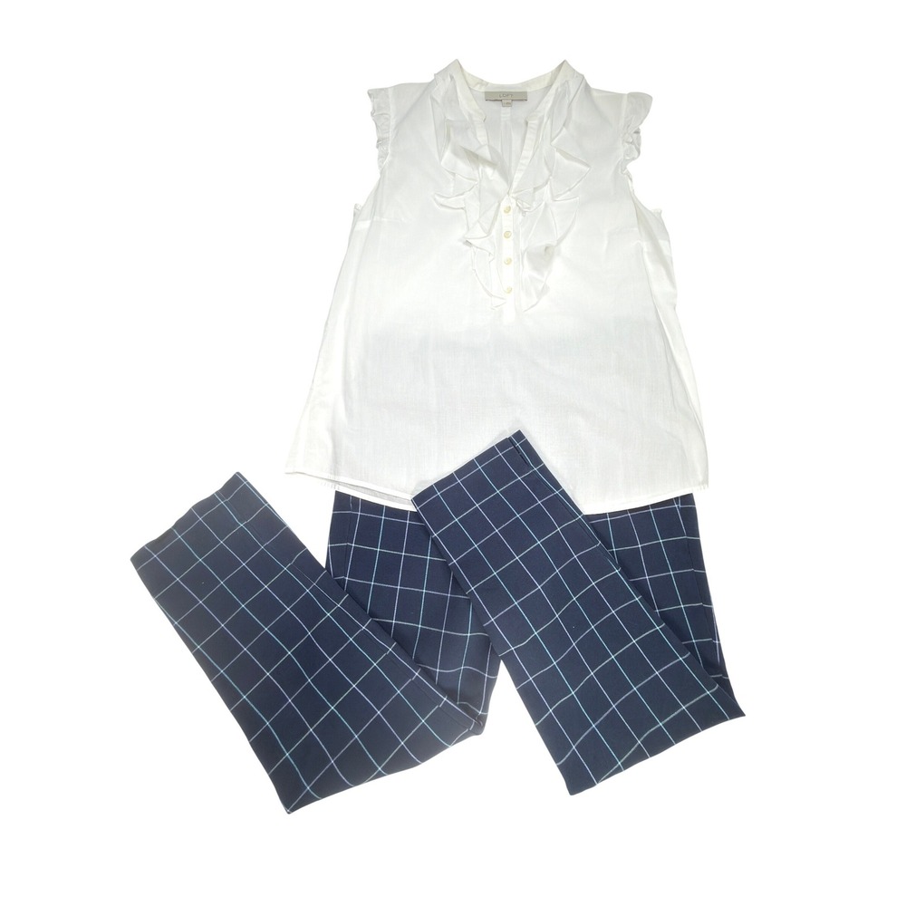 LOFT White Cotton Top J Jill Navy Blue Windowpane Pants Set M L 8 10‎